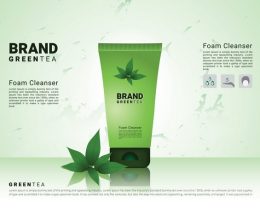 Green_tea_cleansing_foam_with_soft_background_and_3d_packgaging_vector_illustration